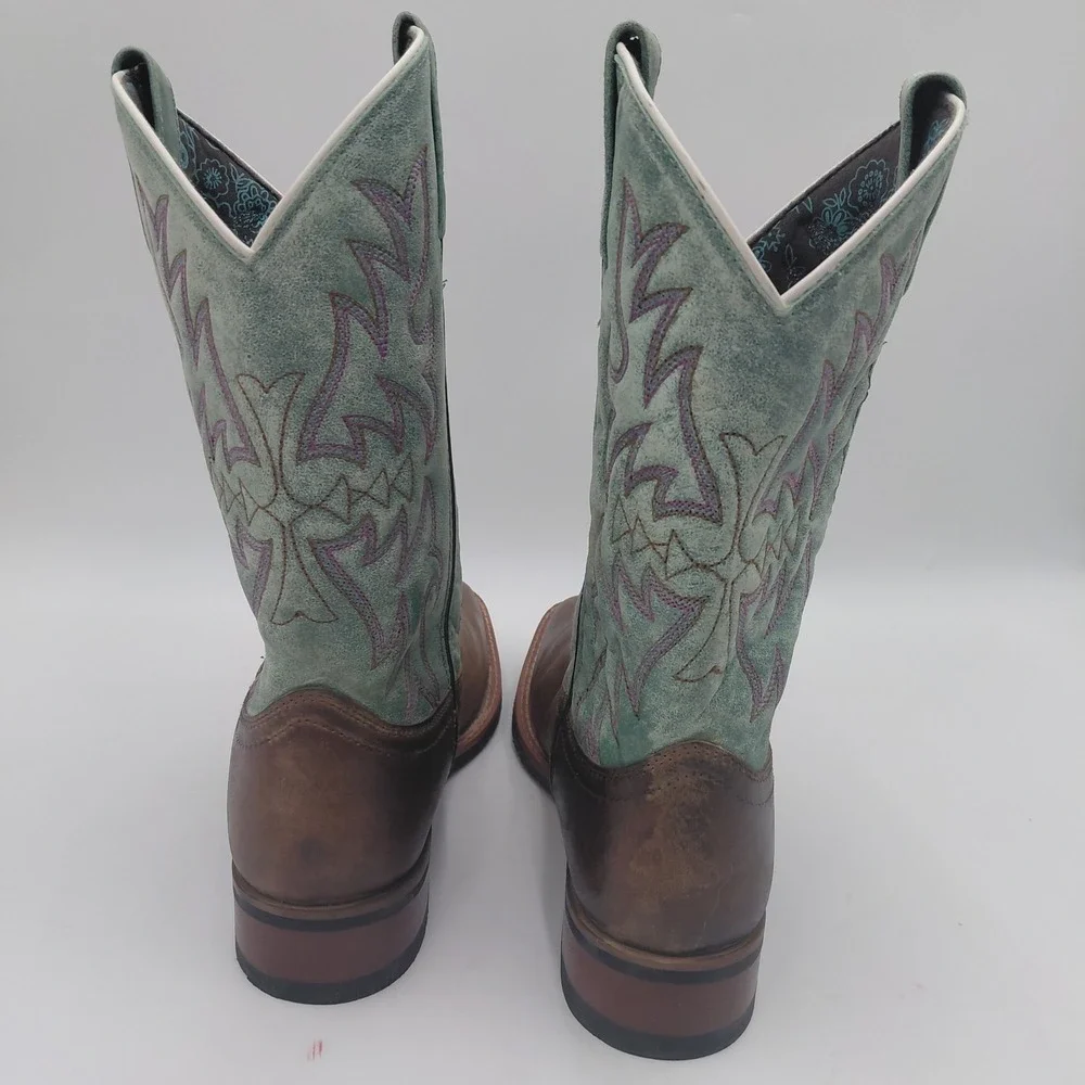 Laredo Womens 9.5 M Anita 5607 Brown Turquoise Wide Square Toe Cowboy Boots